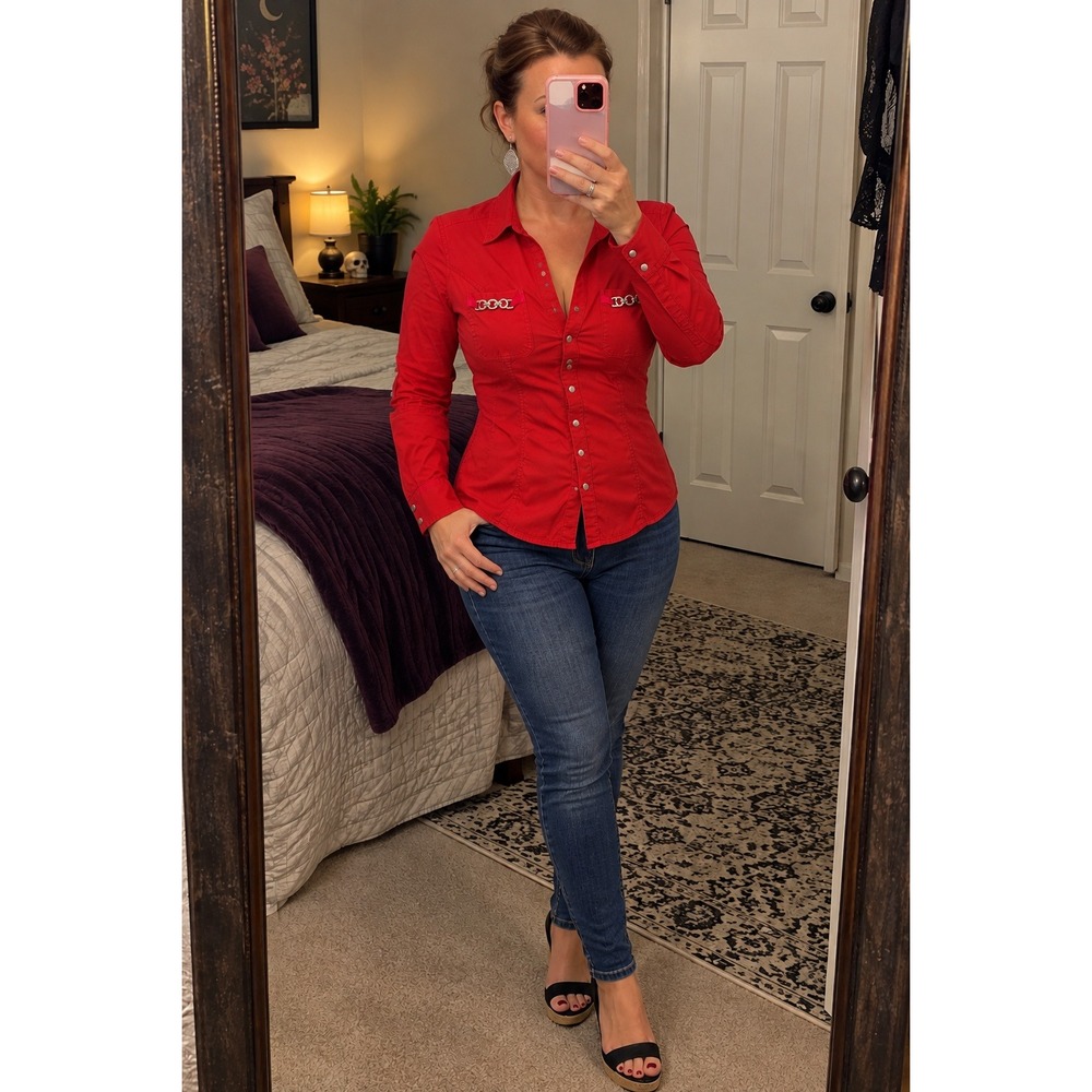Express Essential Shirt L Red Y2K Chain Pocket Button Up Blouse Long Sleeve